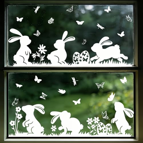 Slothbyte Fensterbilder Ostern mit Hasen und Schmetterlingen, Ostern Deko Wiederverwendbare Fensteraufkleber für Glas – Frühlingsdeko für Kinderzimmer, Wohnzimmer und Zuhause