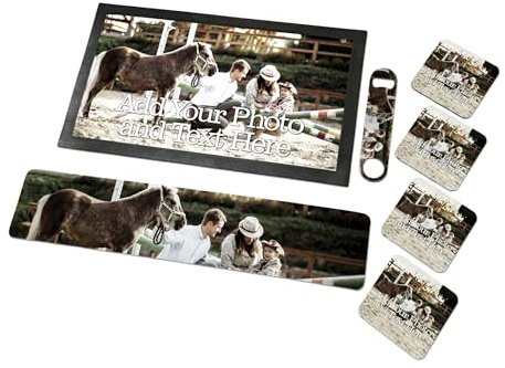 Personalised Bar Mat Set - Add Your Photo and Text, Company Logo - Full Custom Design | 44 x 25cm / 17.3 x 9.8 | Add Bar Blade, Coasters & Drip Mat