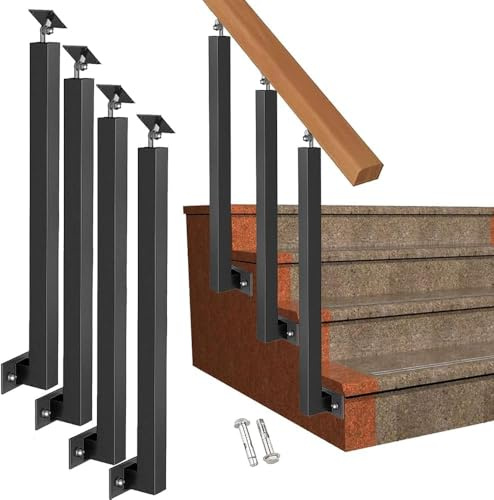 Montanti per balaustre per Scale in Ferro Nero Regolabili a 270°, Confezione da 4, perni per ringhiere in Metallo con Base a Staffa Piatta per Decorazioni per terrazze, balconi e Scale (dime