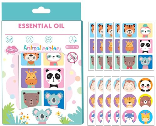 60 Parches Antimosquitos con Diseño Infantil, Pegatinas Repelente de Mosquitos de Dibujos Animados, Ideal para Acampadas, Senderismo y Aire Libre (Animales)