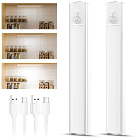daphomeu 2 Pack Rechargeable Under Cupboard Kitchen Lights Dimmable | Cabinet Light Type-C Charging, LED Motion Sensor Lights Indoor, Magnetic Stick Wireless Light for Shelf Stair Wardrobe Closet