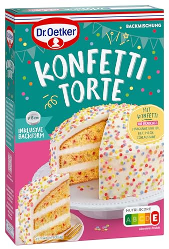 Dr. Oetker Konfetti Torte – 6er Pack Torten-Backmischung für eine bunte Torte mit Sahnecreme und fröhlichem Zuckerkonfetti, Kuchen-Backmischung für eine Geburtstagstorte, 6 x 330g