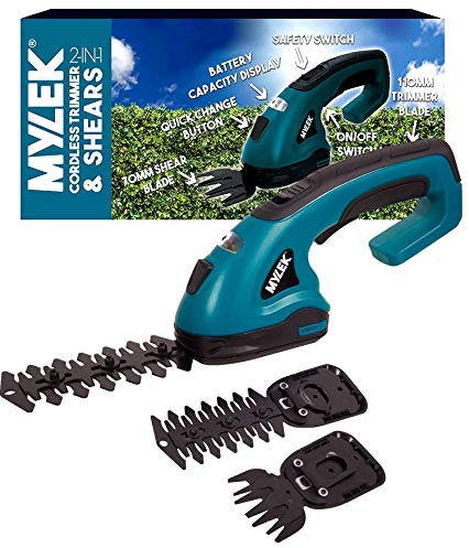 MYLEK Cordless Hedge Trimmer, Grass Shears with 2 Blades and Blade Guards Handheld for Topiary Bush Shrubs, Edging Garden Grass Lawn, Quick Change Button, Safety Switch & Battery Capacity Display