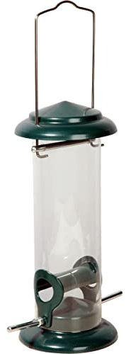 dobar® 11516 Kompakte Vogelfuttersäule mit Anflugstangen - Wildvogelfutterspender für Sämereien - Vogelfutterstation Metall - Futterspender in Garten/Terrasse/Balkon - Ø 9,5 x 23 cm - Grün