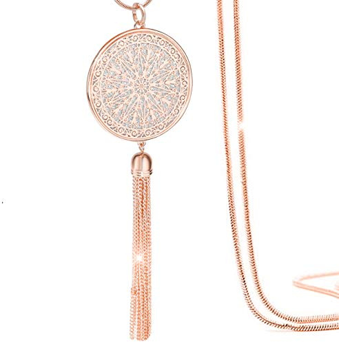 Gleamart Long Necklaces Disk Circle Pendant Tassel Fringe Statement Necklace for Women Rose Gold