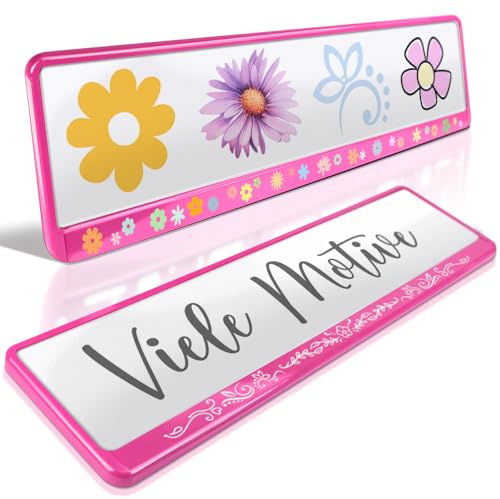 2 Kennzeichenhalter | Pink Flowers | Rosa Blumen | Viele Motive | Mädels Nummernschildhalter | Girl Power | Kennzeichen-Halterung | Nummernschild-Halterung | Auto-Kennzeichen | Auto-Schilder