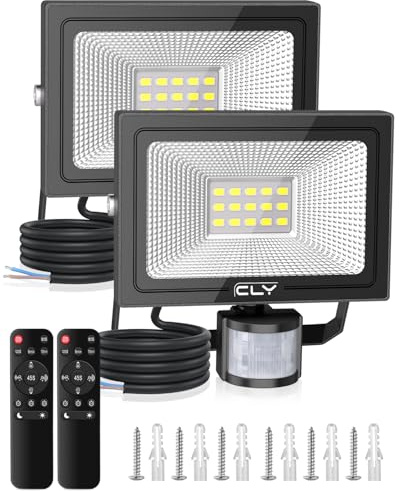 CLY 2 Pack Security Lights Outdoor with Motion Sensor, 15W 1200LM LED Floodlight with Remote Control IP66 Waterproof PIR Sensor Lights 6500K LED Outdoor Lights for Garden, Backyard, Garage, Doorways