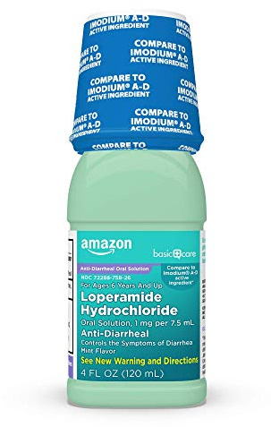 Amazon Basic Care Loperamide Hydrochloride Oral Solution, 1 mg per 7.5 mL, Mint Flavor, Anti-Diarrheal Medicine for Ages 6 Years and up, 4 fl oz (Pack of 1)
