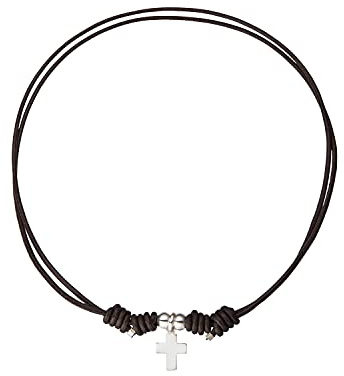 Kokomorocco - Colgante religoso Cruz con Bolitas de Plata - Collar para niño o niña - Cordón de Cuero Negro Ajustable - Plata de Ley