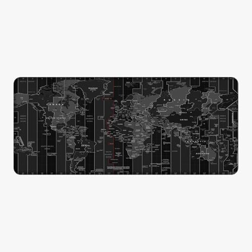 Silent Monsters Musmatta XXL 90 x 40 cm, sydda kanter, Musmattor i tyg halkfri och tyst, Världskarta Svart, gaming, kontor, hemmakontor - tvättbar, rullbar - kantsöm