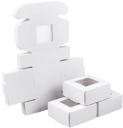 SUPERFINDINGS 32 Stück Weiße Kraftpapier-Geschenkbox 6.5x6.5x3cm mit Sichtfenster - Wiederverwendbare Verpackung für Schmuck & Deko & Waren