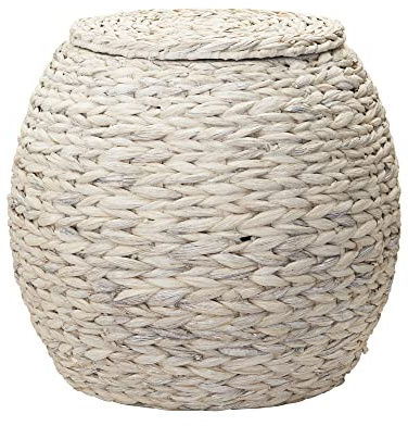 Household Essentials Handwoven Water Hyacinth Barrel Wicker Storage Basket Side Table, Cream Finish