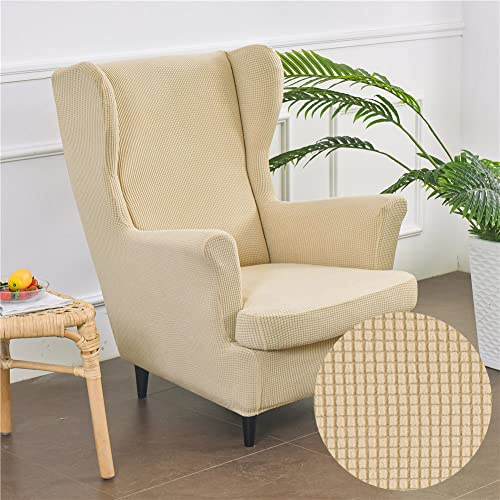 Highdi 2-Teilig Ohrensessel Überzug, Sessel-Überwürfe Ohrensessel Einfarbig Jacquard Verdicken Schonbezüge Bezug Sesselhusse Strandmon Tiger Stuhlbezug mit Armlehne Hohe Rückenlehne (Beige)