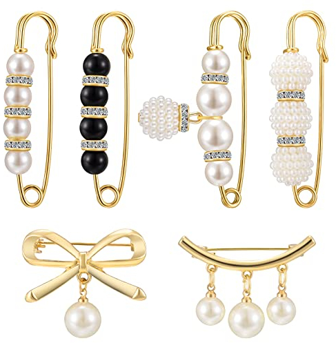 6PCS Perle Brosche Pins,Sicherheitsnadel Anstecknadel mit Perle Brosche Pullover Schal Clip Sicherheitsnadel für Damen Mädchen