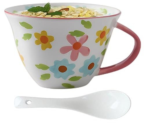 NIUKOMY Tazze Colazione Grande, 600ML Tazza da Tè Grande in Porcellana Tazze Latte Grandi Fragola Tazza da Caffè in Ceramica con Cucchiaio XXL Tazza per Cereali Rosa