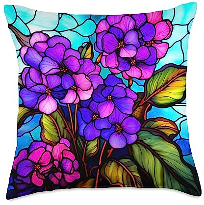 African Violet Decor Stained Glass Art African Violet Lover Design Throw Pillow, 18x18, Multicolor