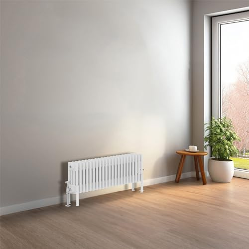 NRG Radiatore in ghisa, a quattro colonne, 300 x 1010 mm, bianco lucido, stile tradizionale in ghisa, radiatore per riscaldamento centralizzato, perfetto per bagno, cucina, soggiorno
