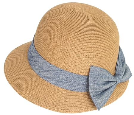 Damen-Sonnenhut im Stil der 20er-Jahre, Glockenhut mit Schleife, Sommerhut, Bowler, Sonnenhut für Reisen, Strand, khaki, M
