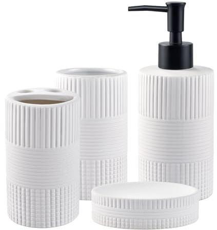 Keramik-Bad-Set verleiht dem Badezimmer EIN Facelift-Set, klassischer Zahnbürstenhalter, Becher, Lotionspender und Seifenschale, einfach passende Duschvorhänge oder Teppiche, Weiß