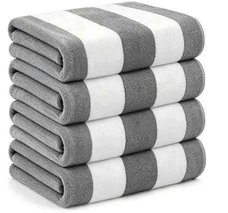 Whale Flotilla 4 Pack Microfibre Large Quick Dry Beach Towels, Sand Free Bath Travel Pool Towel Lightweight and Absorbent, Striped Grey, 76 x 152 cm
