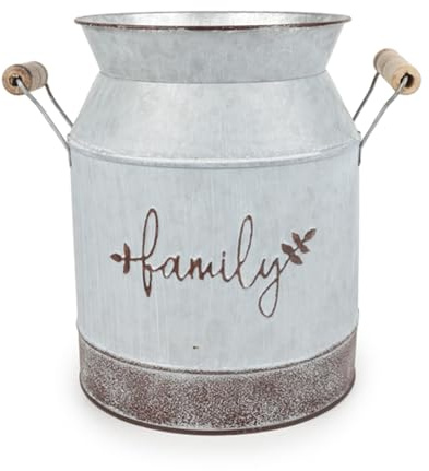 PHILPETY Shabby Chic Classy Designed Grey Milk Can Galvanized Finish Metal Vase Country Rustic Primitive Decorative Flower Holder for Home Office Garden, 7.3 H