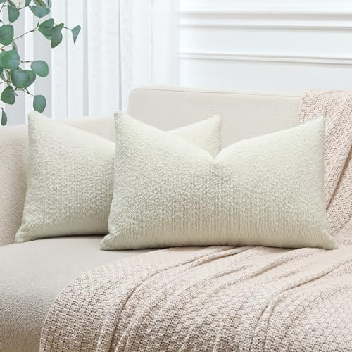JOTOM 2er Set Boucle Kissenbezüge, Dekorative Weich Einfarbig Wurf Kissenbezug Moderne Kissenhüllen Sofakissen Dekokissen Zierkissenbezug für Wohnzimmer Schlafzimmer Deko (40x60cm, Cremeweiß)