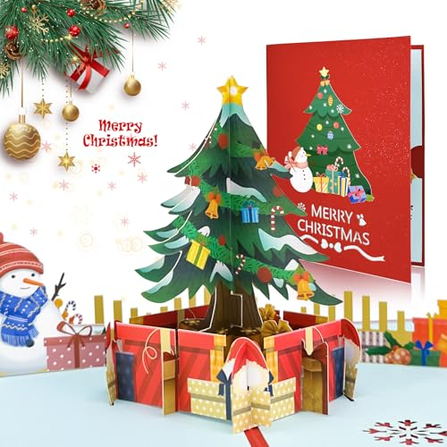 YianHien 2025 Weihnachtskarte Pop-up, 3D Bunter Weihnachtsbaum Weihnachtskarte mit Umschlag, Schönen Handgemachte Weihnachten Karte für Mama Papa Opa Oma Tochter Sohn, Glückwunschkarte für Weihnachten