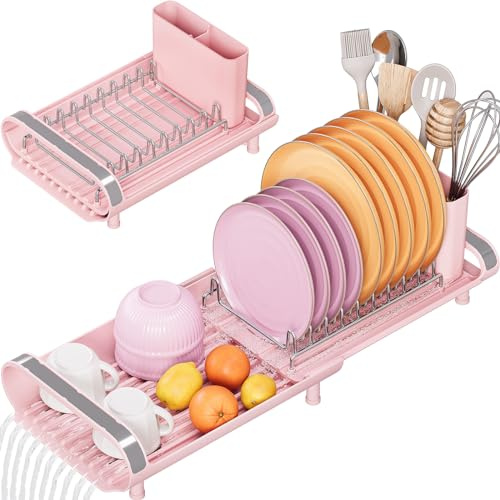 Small Dish Drainer, Expandable Dish Drainer Rack, Dish Rack With Removable Cutlery Holder, Anti Rust Small Sink Drainer, Expandable Draining Board Rack For Kitchen Counter, Pink