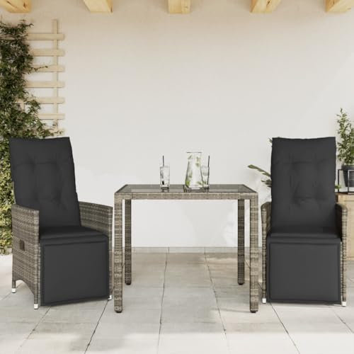Juroupi 3-TLG. Garten-Bistro-Set mit Kissen Gartenset Tisch Und StüHle Bistrotisch Outdoor Balkon MöBel Set Grau Poly Rattan - 3276893