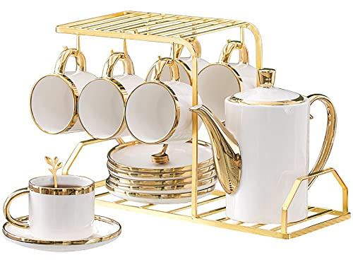 QUSYZD Teetassen-Set aus Keramik mit Goldrand, 20-teiliges Teeservice aus weißem Porzellan, Kaffeetassen und Untertassen aus mattweißem Porzellan mit Metallhalter, für den Nachm,