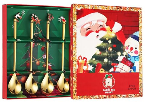 lisutupode Cucharas de Navidad de acero inoxidable, cucharas de café de Navidad, 4 cucharillas doradas, cucharas creativas para tartas, para el hogar, cocina, restaurante, vajilla de Navidad