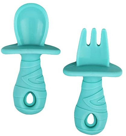 MOLUCKFU Silikon Löffel Und Gabel Mintgrün Sicheres Rutschfestes Besteck Für Beikost Ergonomisch Bruchsicher Für Selbstständiges Essenlernen Und Tägliche Nutzung