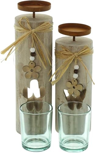 Khevga Windlicht Frühling Sommer 2er-Set – Shabby-Chic Holzsäulen mit Glaseinsatz, Vintage Kerzenhalter für romantische Beleuchtung und Frühlingsdeko