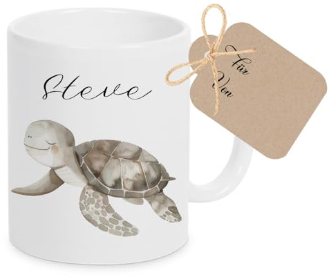 Manufaktur Liebevoll Tasse mit Namen Kinder Kindertasse mit Namen Becher Keramik Mädchen Junge Namenstasse Schildkröte Meerestiere Geschenk