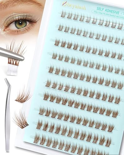 Obeyalash Self Adhesive Eyelashes Brown Cluster Lashes Pre Glued Brown Eyelash Extensions Kit C Curl with Tweezers Natural Look No Glue Need Press on Lash Clusters DIY 8mm 9mm 10mm 11mm 12mm (YS-10)