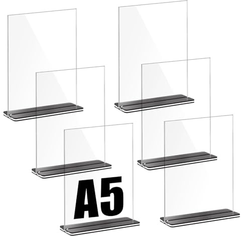 6 Piezas Soporte para Letreros de Acrílico A5, Soporte de Exhibición de Escritorio en Forma de T, Soporte Doble Cara Metacrilato, Soporte de Menú de Escritorio para Carteles, Exposiciones, Fotografías