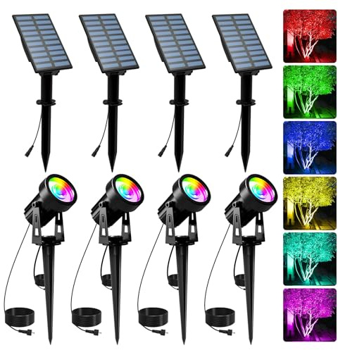 T-SUNUS Color Changing Solar Landscape Spotlights 4 Pack, IP65 Waterproof RGB Spot Lights 9.8ft Cable, Separated Panel Garden Light for Flag Outdoor Yard Driveway Porch Walkway Pool Patio