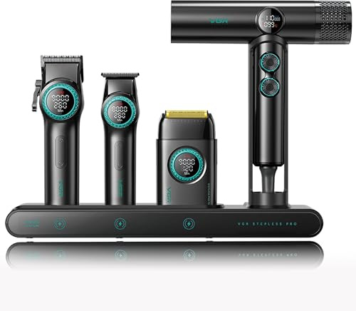 VGR 4 en 1 Barber Combo Cortapelos, Base de Carga, Pantalla LED, Negro | Professional Kit de Corte 4 en 1 Con Motor Potente , Trimmer, Afeitadora de Láminas y Secador de Pelo Iónico, y Caja Premium