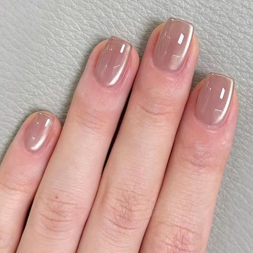 24 Stück Nägel Zum Aufkleben Eckig Kurz, Nude French Tips Press on Nails Glänzend Katzenauge Akrylnägel, Einfarbig Kunstnägel Künstliche Nägel, Square Fingernägel Fake Nails für Frauen Nail Art