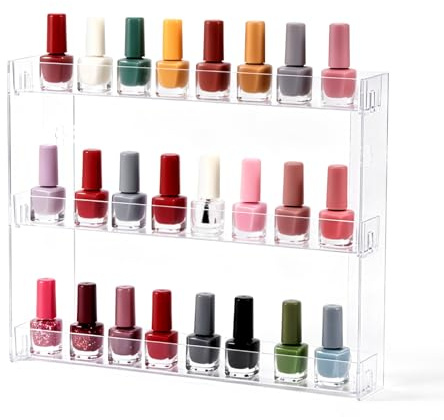 keilend 3 Tier Acrylic Nail Polish Organiser Wall Mounted Clear Nail Varnish Stand for 21-27 Bottles, Space Saving Cosmetic Display Wall Rack with Sticky Hooks, 31.1 x 5.5 x 25 cm