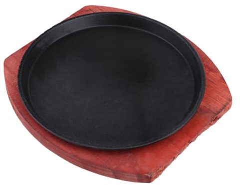 Amosfun Piastra in Ghisa Per Barbecue Padella Rotonda Per Fajitas Base in Legno Per Cucina a Induzione Cottura Uniforme