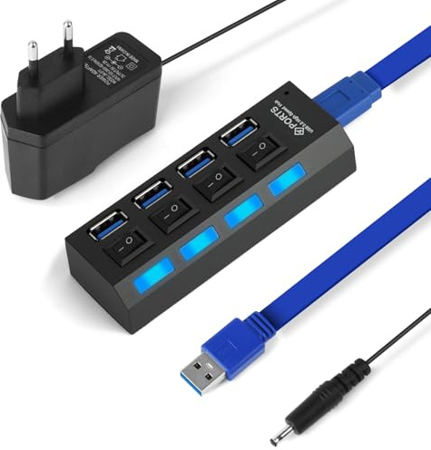 OFFCUP Hub USB 3.0 Alimentado, 4 En 1 Ladron con 1 USBs 3.0 Y 3 USB 2.0, Distribuidor Usbs con Interruptor Independiente Indicador LED, Divisor con Cable de 52cm de Largo para PC/Ordenador