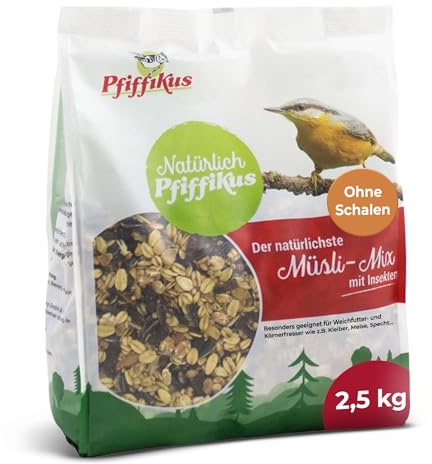 Natürlich Pfiffikus Müsli-Mix Streufutter mit Insekten, 2,5 KG – Wildvogelfutter mit Mehlwürmern – Ganzjahresfutter für Boden- & Körnerfresser – proteinreiches Vogelfutter mit Mehlwurm-Öl