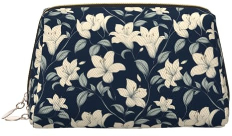 GVYGVY Grande trousse de maquillage de voyage – Trousse de maquillage en cuir PVC imprimé lys blanc bleu marine pour femme avec fermeture éclair, trousse de maquillage portable résistante à l'eau pour