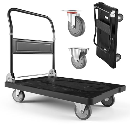 VEVOR Platform Truck Push Cart Dolly, 1000LBS Heavy Duty Folding Platform Truck with 360° Swivel Wheels, Flat Bed Cart with Space Saving Push Handle for Garage/Basement/Office/Warehouse
