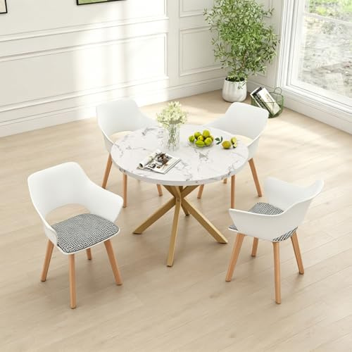 GrandCA HOME Juego de Mesa y Sillas de Comedor Nórdicas, 100×100×76.5 CM Mesa de Comedor Redonda, 4 Sillas de Cocina Tapizadas, para Comedor, Salón, Cocina (Mármol Blanco-GD + Blanco)