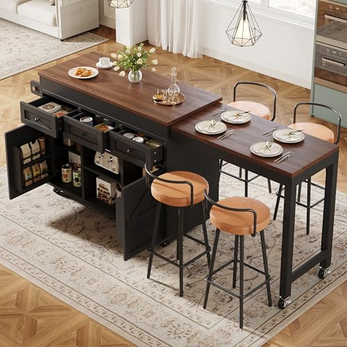 Xwiny Ausziehbarer Bartisch mit Vielseitiger Stauraum, 360° Drehbarer Stehtisch Kücheninsel mit Verstellbare Tischplatte 131.5-210cm, Kücheninsel mit Rollen, Schwarz-A, 210x45x92 cm(Ohne Hocker)