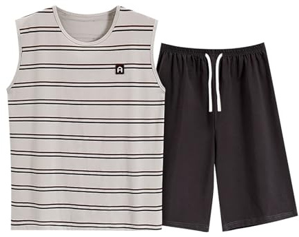 Generisch Pijama para hombre a rayas, camiseta de tirantes y pantalones cortos, juego holgado, traje deportivo informal, ropa de dormir corta, conjuntos de pijama de verano, traje de casa de dos