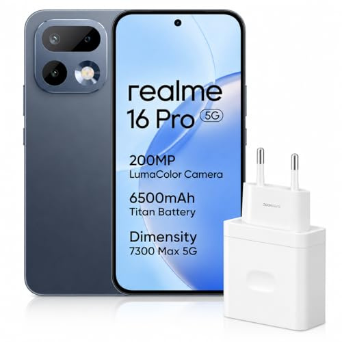 realme 16 Pro Smartphone 8+256GB, MediaTek Dimensity 7300 MAX, 6,78 144Hz AMOLED, 200MP OIS cámara con AI, 6500mAh, 45W Carga Ultra rápida, Dual SIM, Gris, Cargador Incluido(Versión EU)