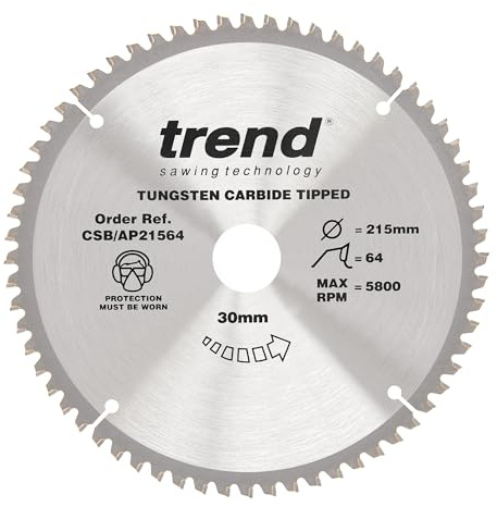 Trend Aluminium & Kunststoff Kreissägeblatt, 215mm Durchmesser, 30mm Bohrung, 64 Zähne, HW, 2,8mm Schnittbreite, -6° Haken, CSB/AP21564